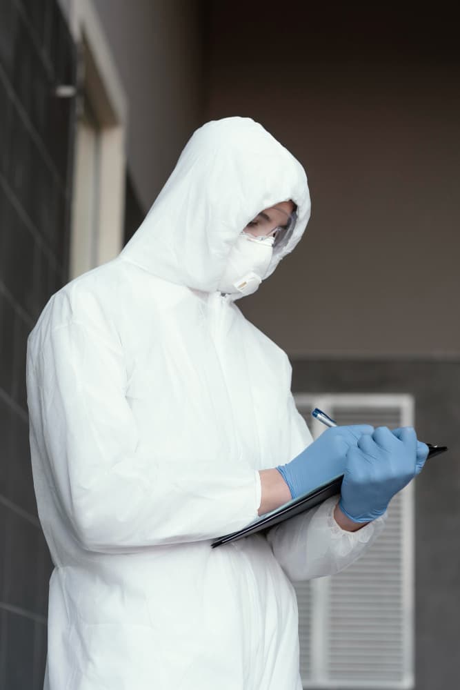 Pest specialist applying outdoor treatment around a property